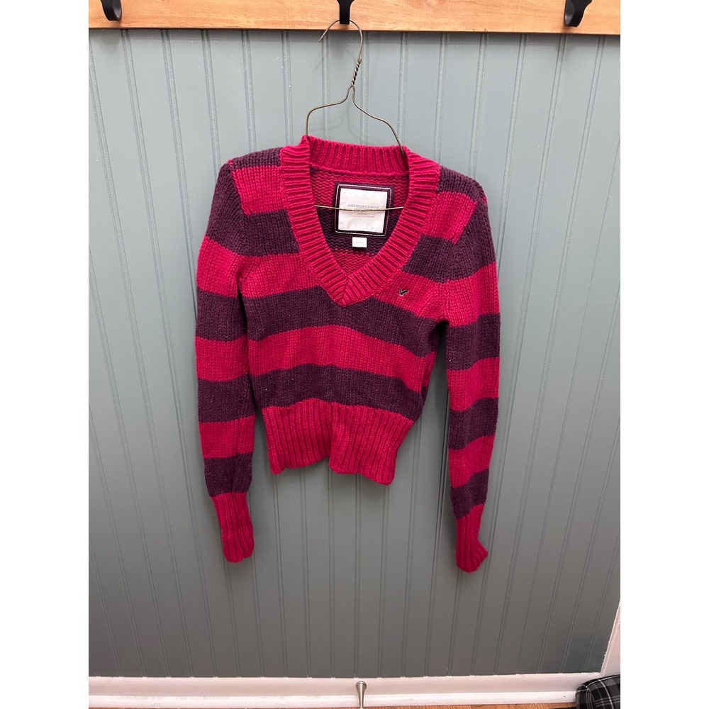 Y2K American Eagle Womens Pink Purple Striped V-Neck Chunky Knit Sweater Small
